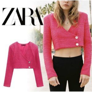 ZARA WOMEN NEW TEXTURED STRUCTURED CROP TOP TWEED FUCHSIA HOT PINK 4661/410 XS S